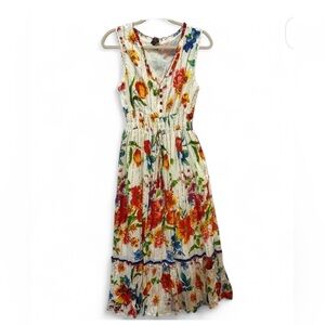 Anthropologie ME 2 MAGIC Floral Long Dress w Gold Accents Medium